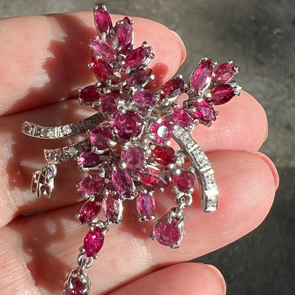 VINTAGE LARGE RUBIES DIAMONDS SLIDE PENDANT NECKLACE PIN BROOCH STERLING SILVER
